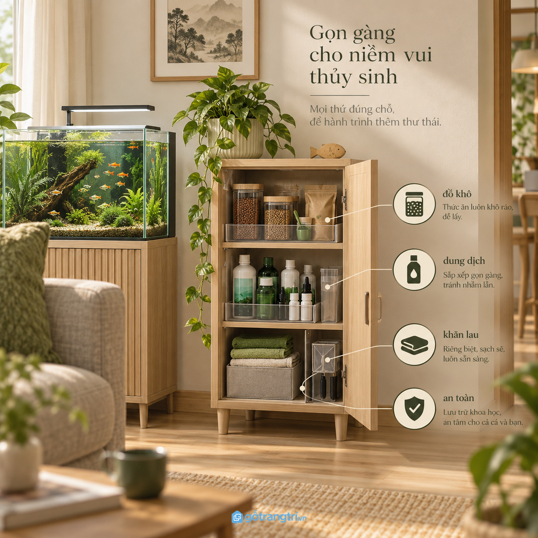 Góc hồ cá tiếp khách cần mặt ngoài tủ gọn và bên trong dễ thao tác
