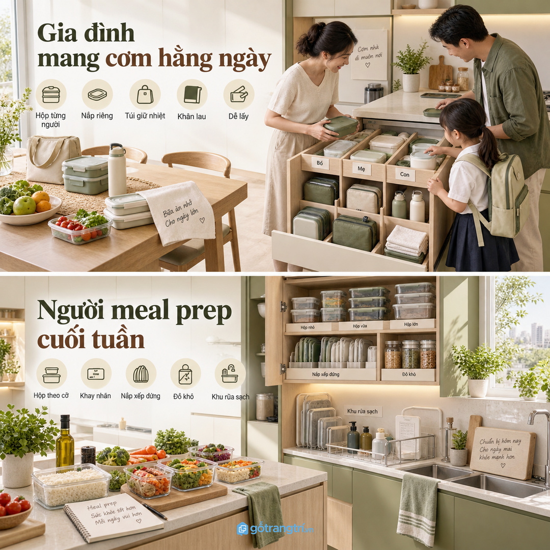 Bếp gia đình nhiều người cần quy ước vị trí để ai cũng tìm được hộp cơm
