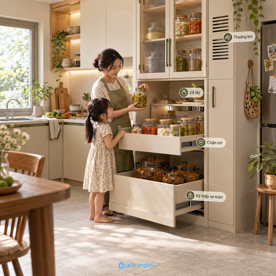 Căn hộ nhỏ nên dùng tủ hũ lên men gọn để bếp dễ bàn giao