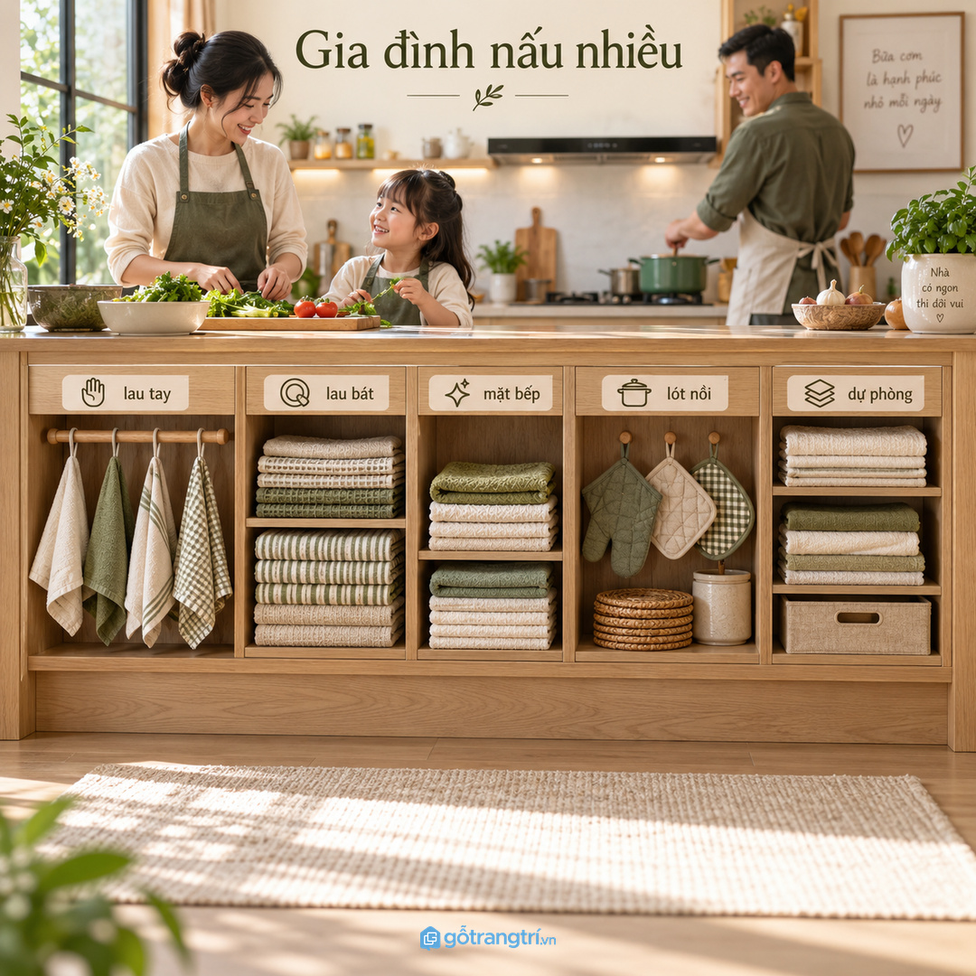 Gia đình nấu nhiều cần phân nhóm khăn theo lau tay lau bát lau mặt bếp
