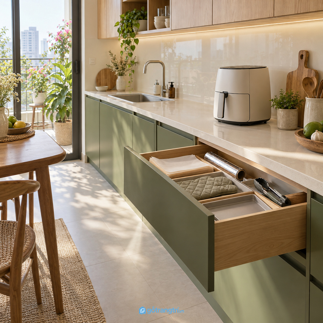 Gia đình dùng nồi chiên cần chỗ lấy nhanh giấy lót và kẹp gắp