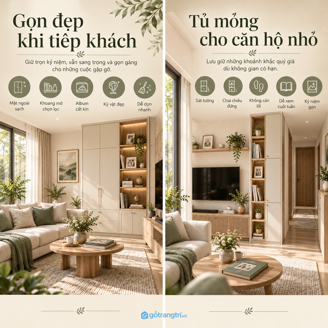 Tủ may đo giúp kỷ vật gia đình được cất gọn nhưng vẫn dễ lấy xem khi cần
