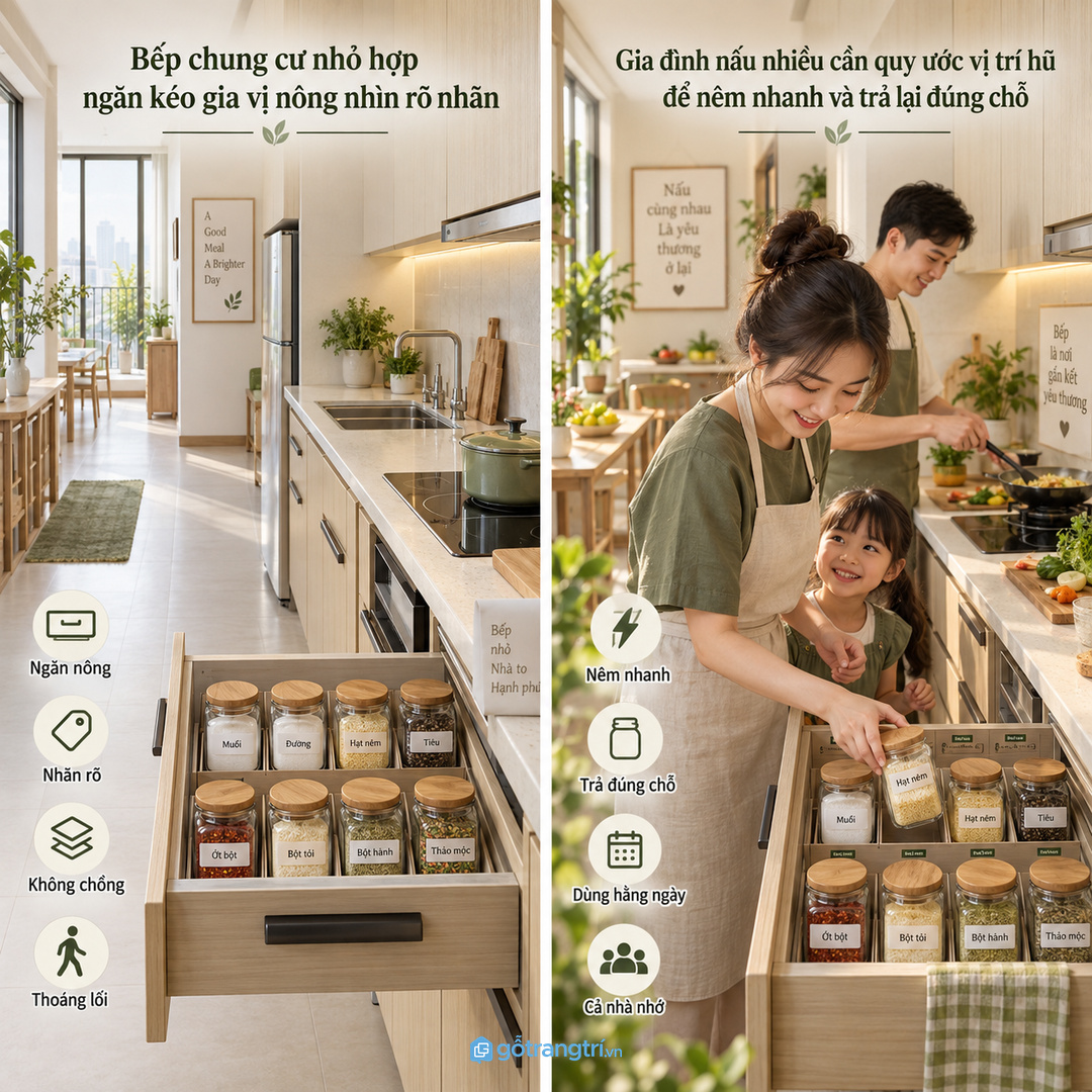 Gia đình nấu nhiều cần quy ước vị trí hũ để nêm nhanh và trả lại đúng chỗ