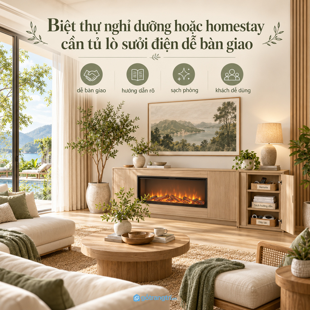 Villa nghỉ dưỡng cần tủ lò sưởi điện dễ bàn giao cho khách
