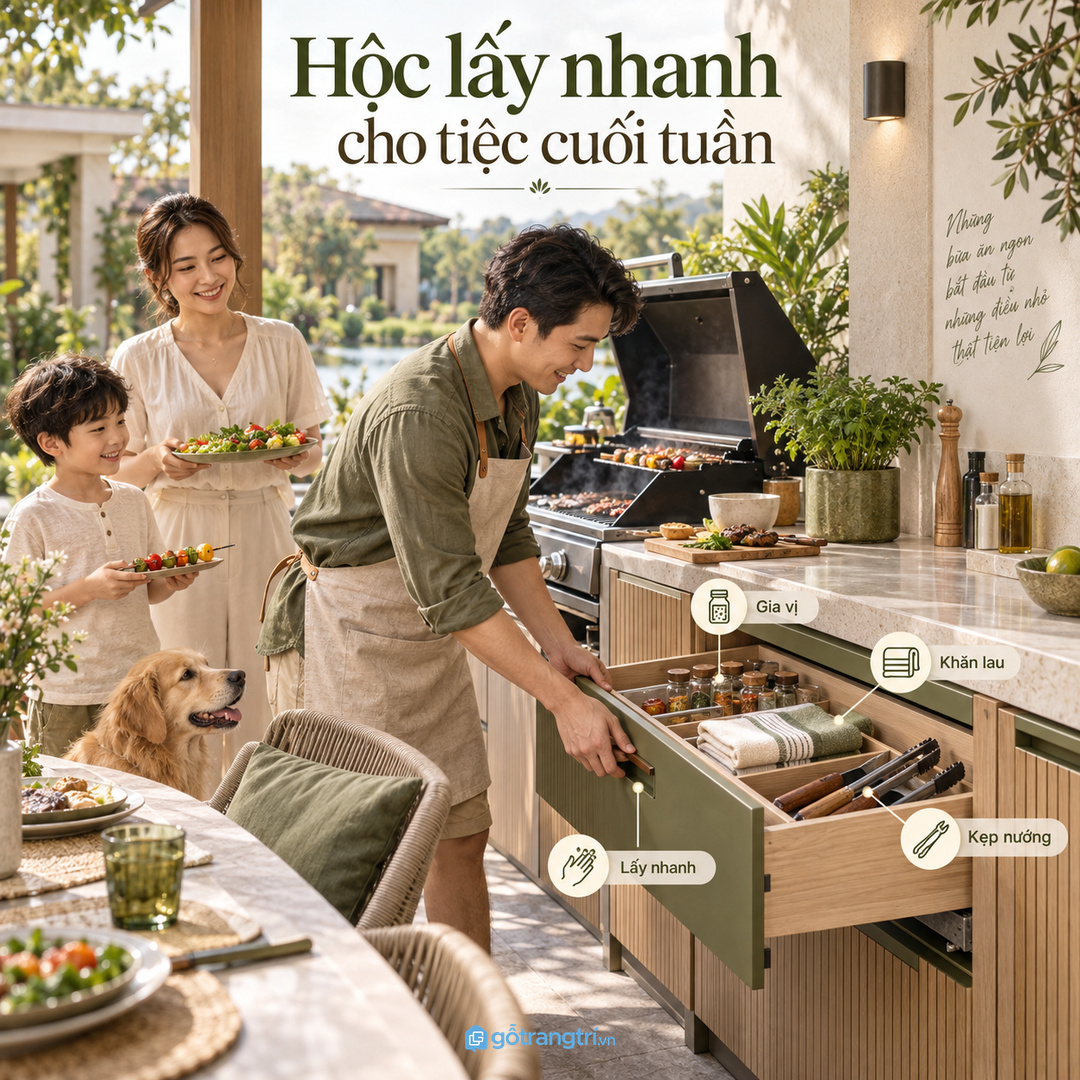 Biệt thự có sân vườn lớn nên tách tủ BBQ khỏi kho dụng cụ nặng