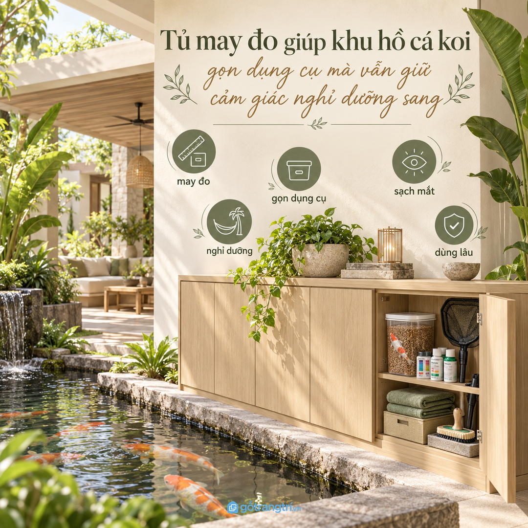 Tủ may đo giúp khu hồ cá koi gọn dụng cụ mà vẫn giữ cảm giác nghỉ dưỡng sang
