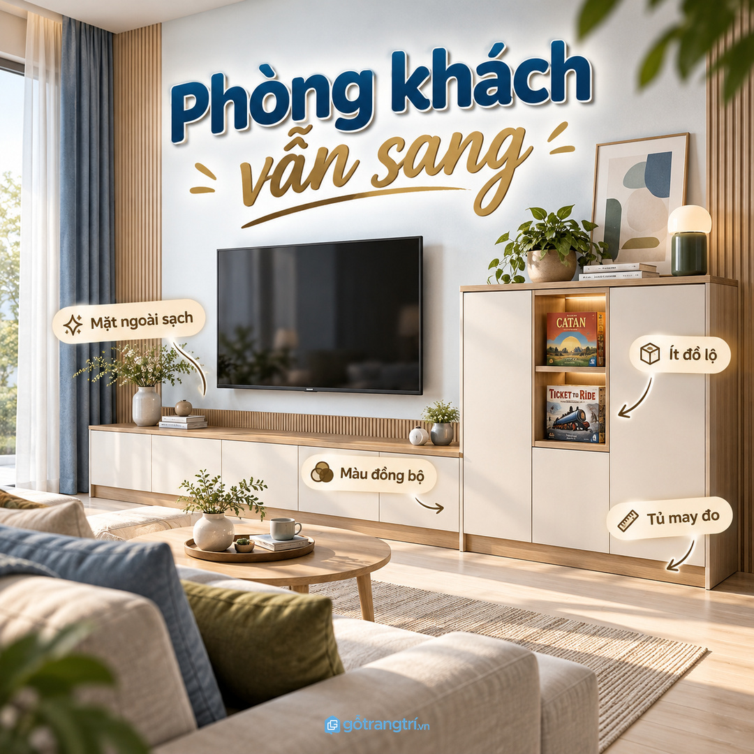 Tủ may đo giúp phòng khách vẫn sang dù nhà có nhiều puzzle và trò chơi gia đình