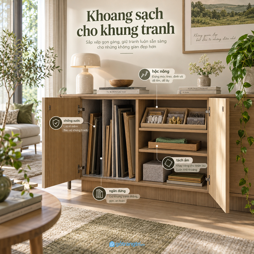 Tủ phụ mỏng giúp cất khung dự phòng mà không làm nặng khu phòng khách