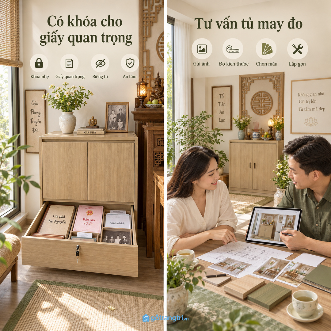 Tủ may đo giúp lưu giữ gia phả gọn sạch và trang trọng hơn