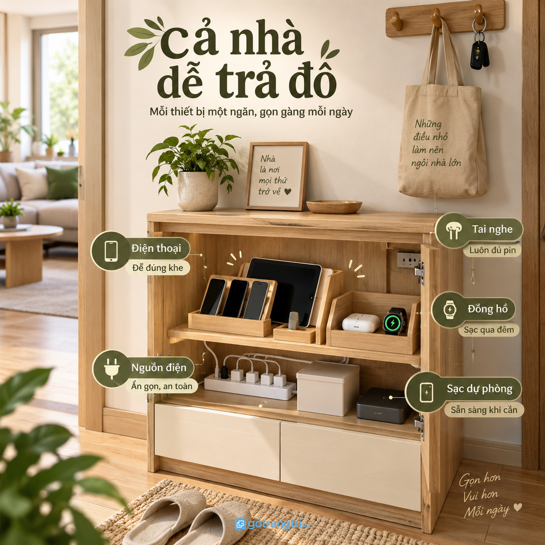 Nhà có trẻ nhỏ cần khoang sạc cao và dây điện được giấu an toàn