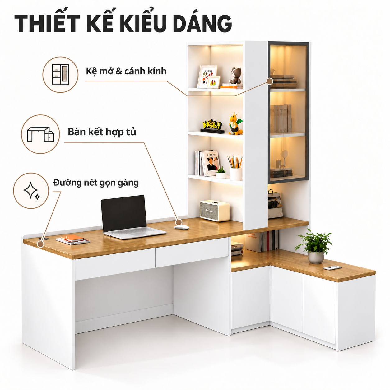 Bàn làm việc chữ L liền tủ sách màu trắng GHS-4061