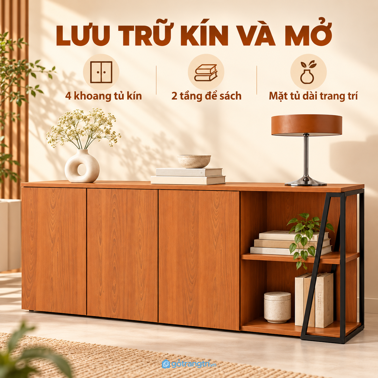 Ba cánh kín kết hợp kệ mở tiện lưu trữ