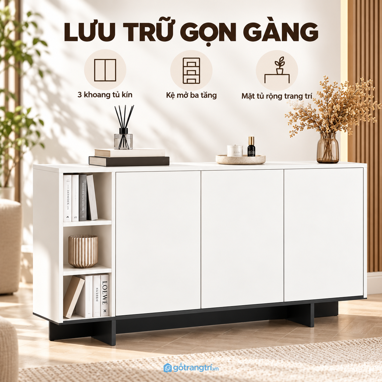 Ba cánh kín kết hợp kệ sách bên hông Ba cánh kín kết hợp kệ sách bên hông