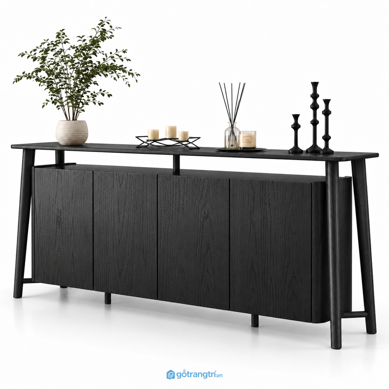 Bàn console kết hợp tủ trang trí màu đen 4 cánh GHS-4064 - 1600x420x900 - Đen giữ vân Bàn console kết hợp tủ trang trí màu đen 4 cánh GHS-4064 - 1600x420x900 - Đen giữ vân