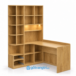 Bàn học góc chữ L liền tủ giá sách màu gỗ GHS-4060 - hình ảnh thực tế 1