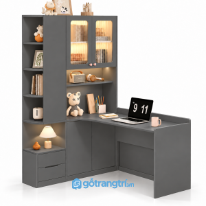 Bàn học góc chữ L liền tủ giá sách màu gỗ GHS-4060 - Màu ghi