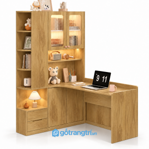 Bàn học góc chữ L liền tủ giá sách màu gỗ GHS-4060 - Màu gỗ sồi