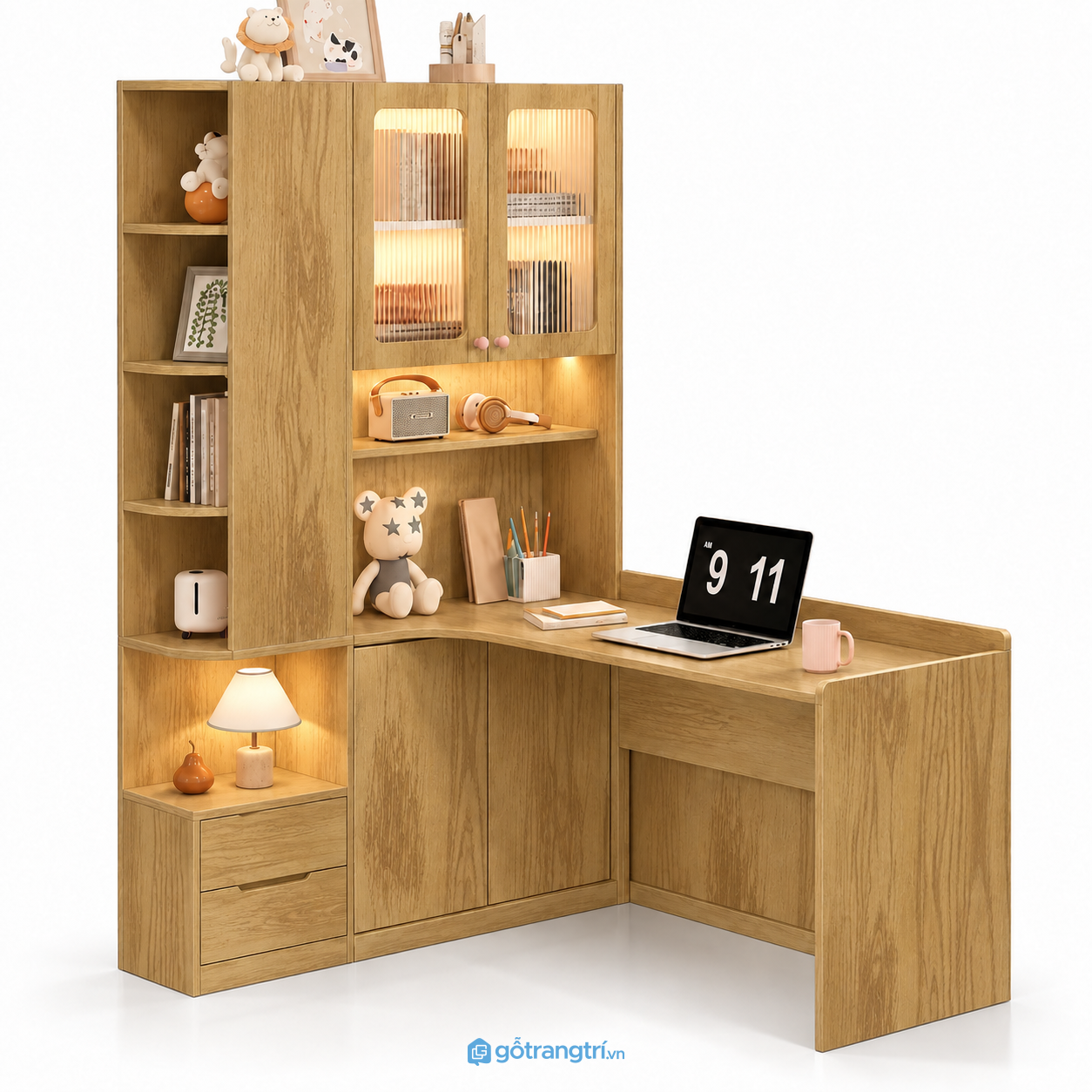 Bàn học góc chữ L liền tủ giá sách màu gỗ GHS-4060 - Màu gỗ sồi Bàn học góc chữ L liền tủ giá sách màu gỗ GHS-4060 - Màu gỗ sồi
