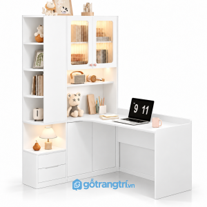 Bàn học góc chữ L liền tủ giá sách màu gỗ GHS-4060 - Màu trắng