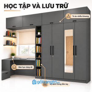 Bàn học, kệ sách và gương được bố trí cùng một hệ tủ
