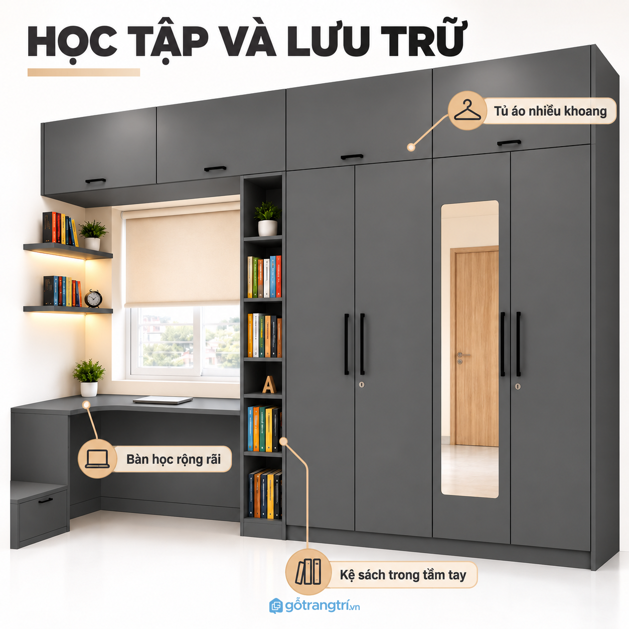 Bàn học, kệ sách và gương được bố trí cùng một hệ tủ