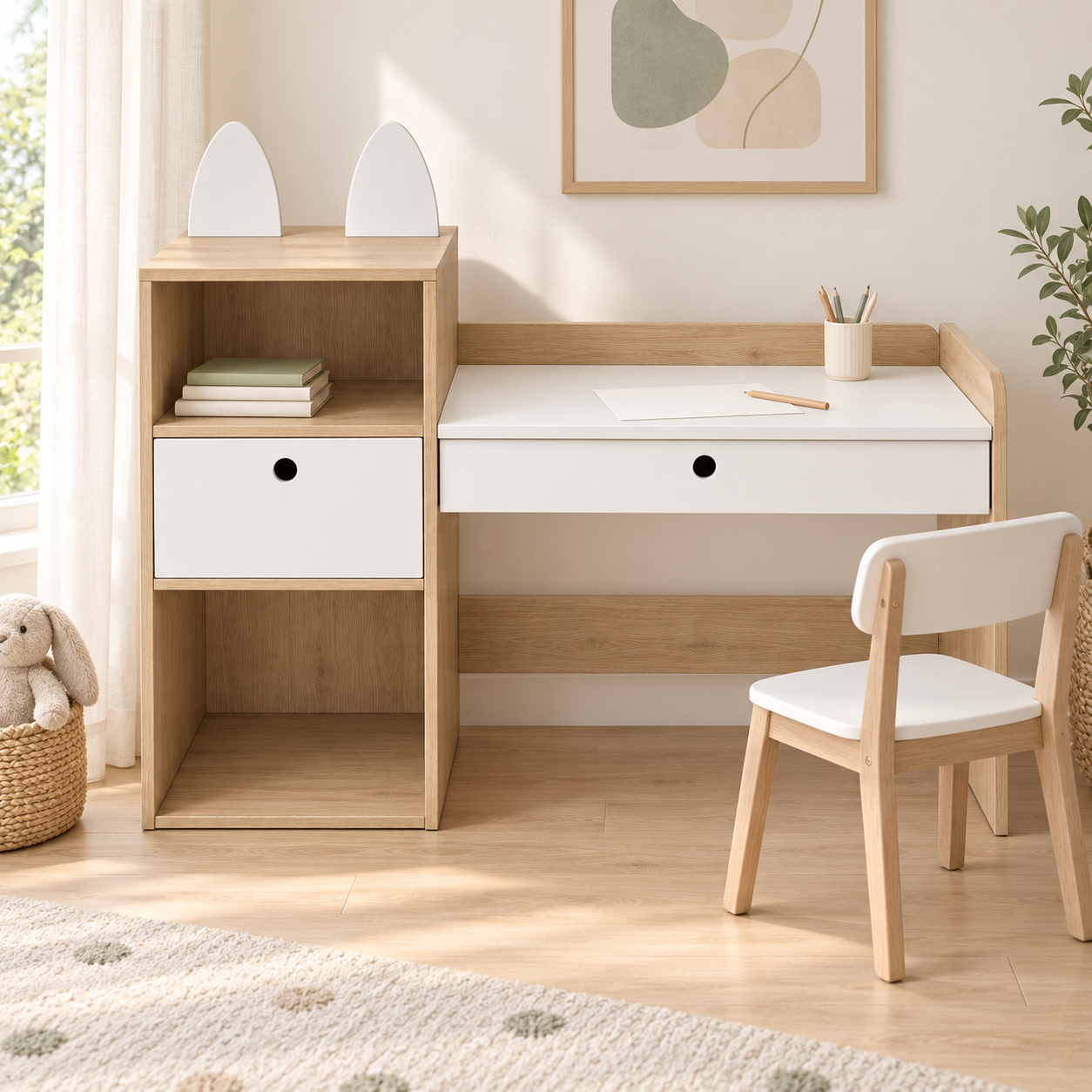 Phối cảnh minh họa bàn học tai thỏ GHS-4071; ghế và đồ trang trí không đi kèm