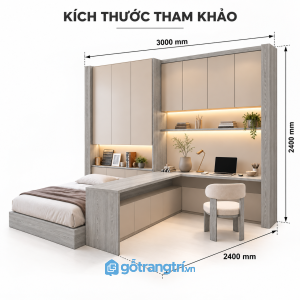 Bàn làm việc chữ L liền giường ngủ, tích hợp tủ lưu trữ cho phòng ngủ hiện đại