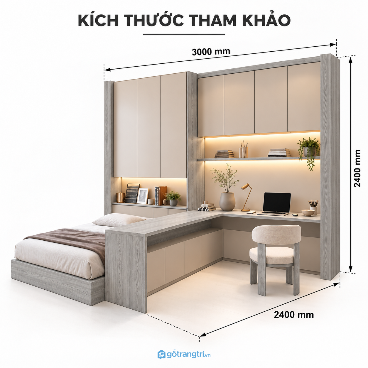 Bàn làm việc chữ L liền giường ngủ, tích hợp tủ lưu trữ cho phòng ngủ hiện đại