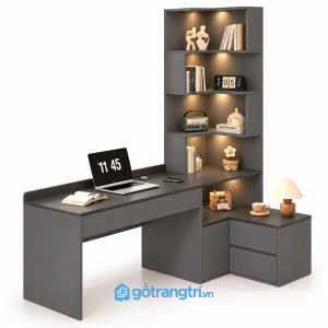 Bàn làm việc chữ L liền kệ sách có tủ hiện đại GHS-4063 - 1650x600x1850mm - Màu ghi - GHS-4063