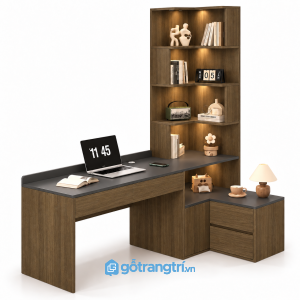 Bàn làm việc chữ L liền kệ sách có tủ hiện đại GHS-4063 - 1650x600x1850mm - Màu gỗ óc chó - GHS-4063