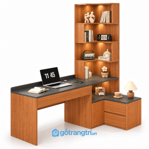 Bàn làm việc chữ L liền kệ sách có tủ hiện đại GHS-4063 - 1650x600x1850mm - Màu gỗ xoan đào - GHS-4063