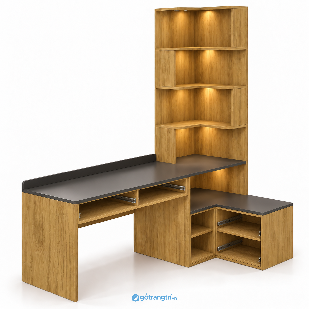 Bàn làm việc chữ L liền kệ sách có tủ hiện đại GHS-4063 - hình ảnh thực tế 1 Bàn làm việc chữ L liền kệ sách có tủ hiện đại GHS-4063 - hình ảnh thực tế 1