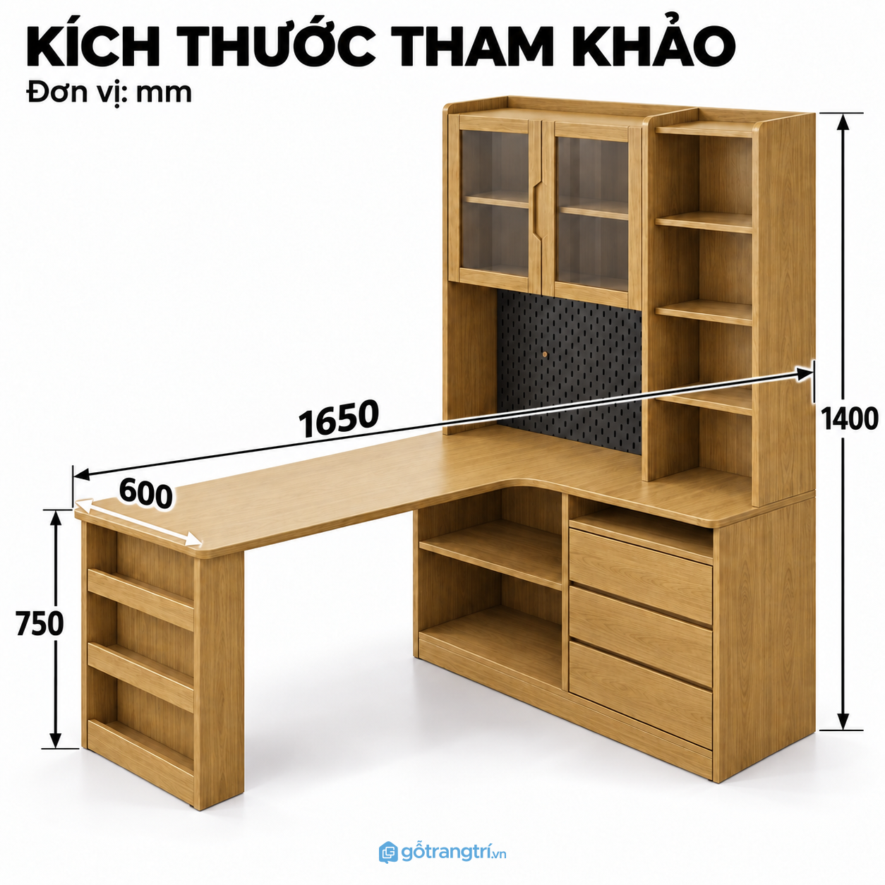 Bàn làm việc chữ L liền tủ sách – Gọn bàn, rộng chỗ lưu trữ