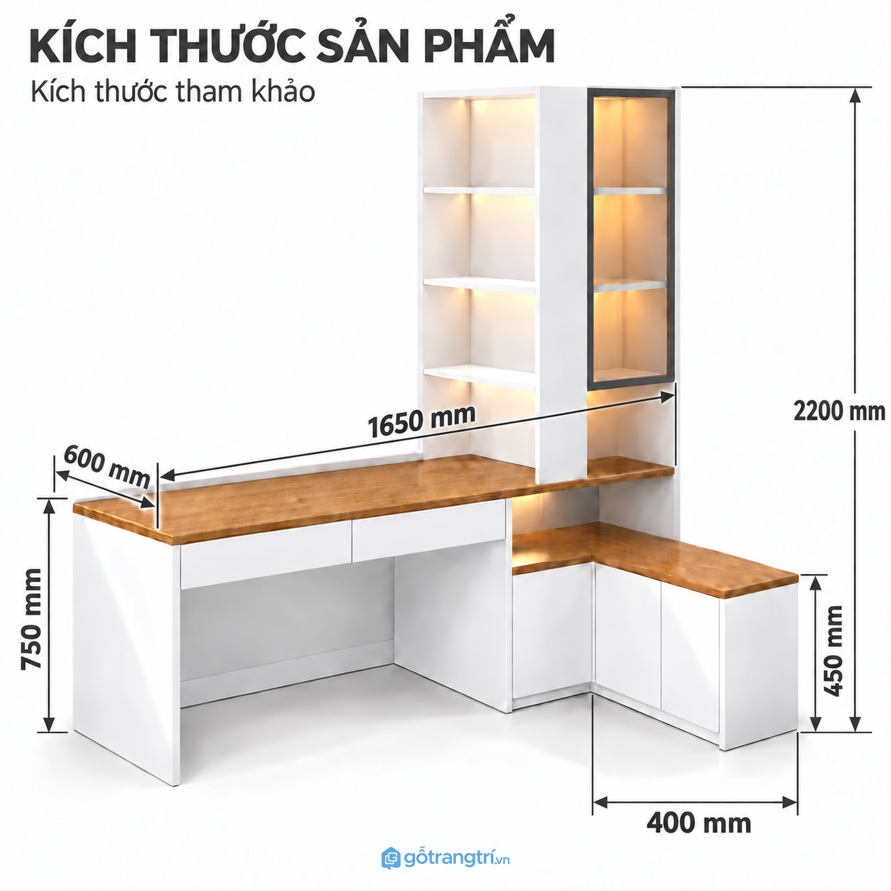 Bàn làm việc chữ L liền tủ sách – Gọn gàng, nhiều không gian lưu trữ