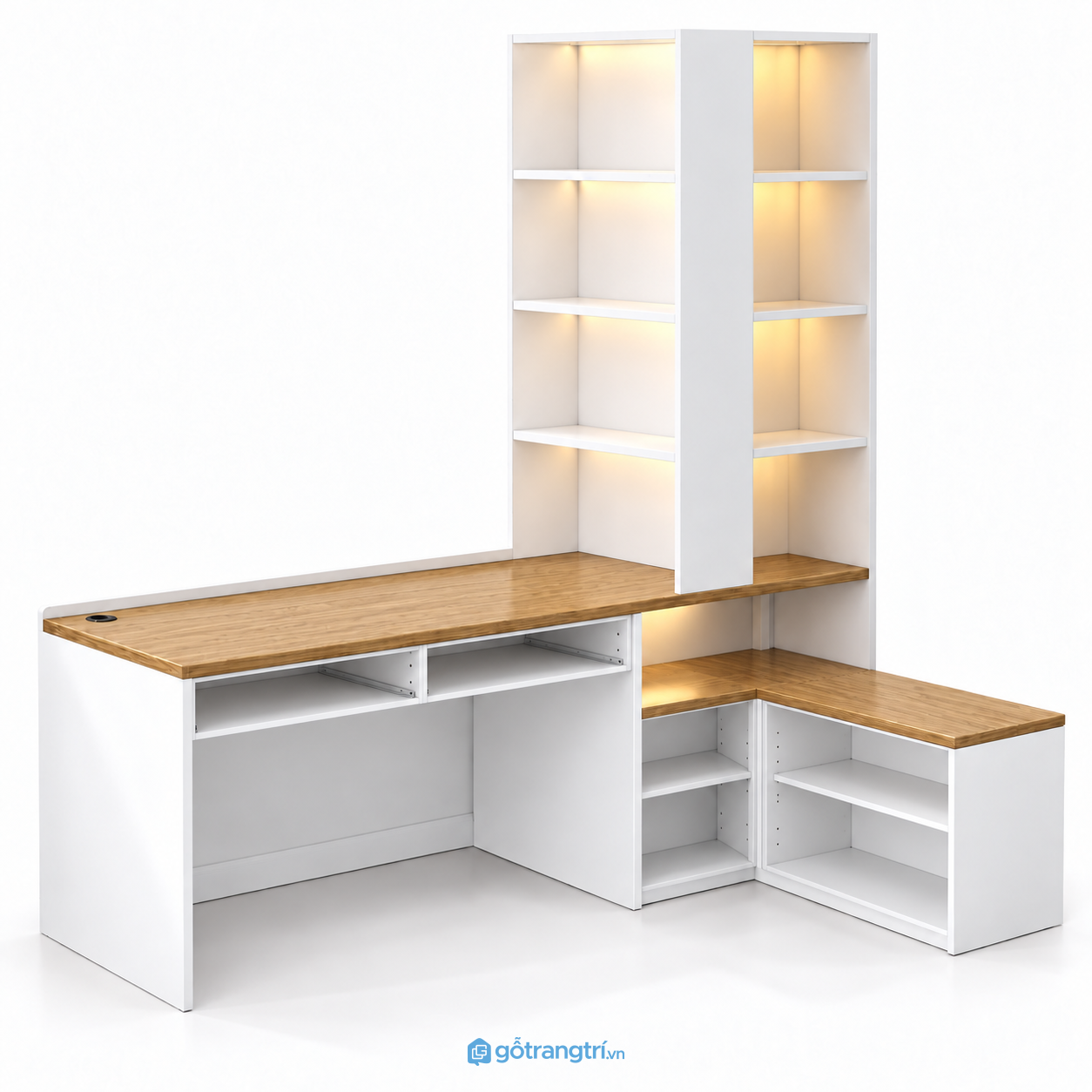 Bàn làm việc chữ L liền tủ sách màu trắng GHS-4061 - hình ảnh thực tế 1