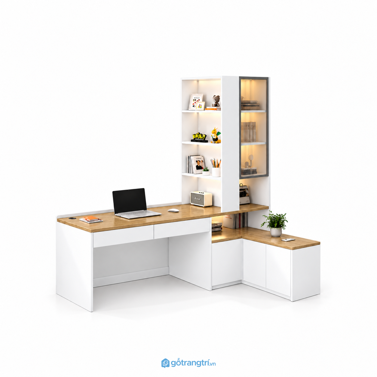 Bàn làm việc chữ L liền tủ sách màu trắng GHS-4061