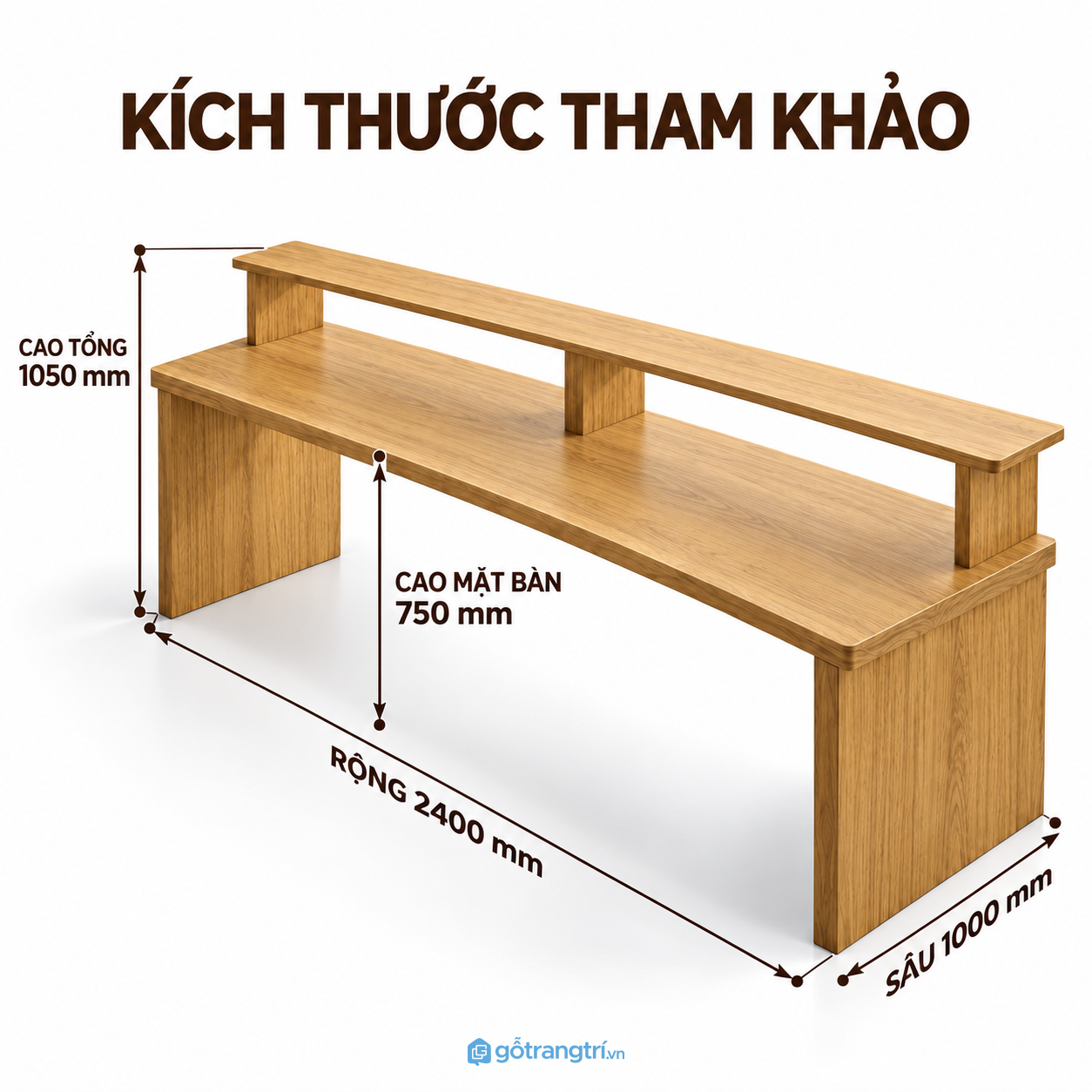 Bàn làm việc gỗ màu nâu thiết kế hai tầng, tăng không gian sử dụng