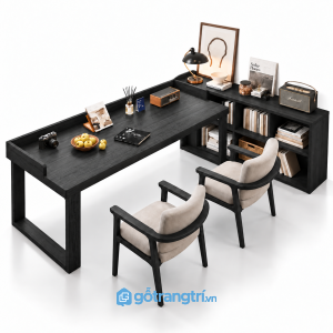 Bàn làm việc gỗ nâu liền kệ sách hiện đại GHS-4065 - 260x120x110cm - Đen giữ vân - GHS-4065e