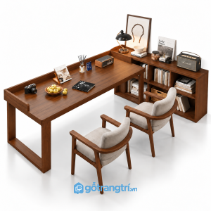 Bàn làm việc gỗ nâu liền kệ sách hiện đại GHS-4065 - 260x120x110cm - Sồi lau óc chó 2 - GHS-4065b