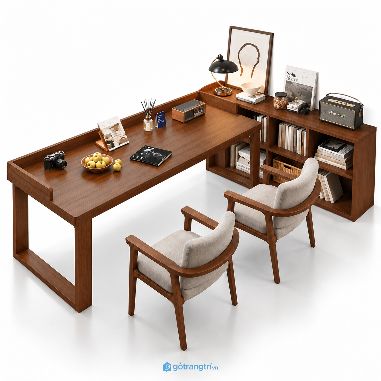 Bàn làm việc gỗ nâu liền kệ sách hiện đại GHS-4065 - 260x120x110cm - Sồi lau óc chó 2 - GHS-4065b