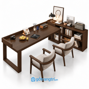Bàn làm việc gỗ nâu liền kệ sách hiện đại GHS-4065 - 260x120x110cm - Sồi lau óc chó 3 - GHS-4065c