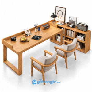 Bàn làm việc gỗ nâu liền kệ sách hiện đại GHS-4065 - 260x120x110cm - Sồi Pu - GHS-4065a