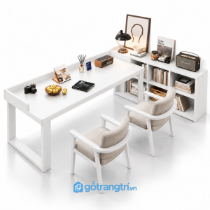 Bàn làm việc gỗ nâu liền kệ sách hiện đại GHS-4065 - 260x120x110cm - Trắng giữ vân - GHS-4065d