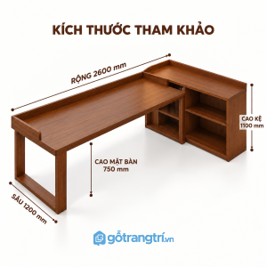 Bàn làm việc gỗ nâu liền kệ sách – rộng rãi, tiện dụng