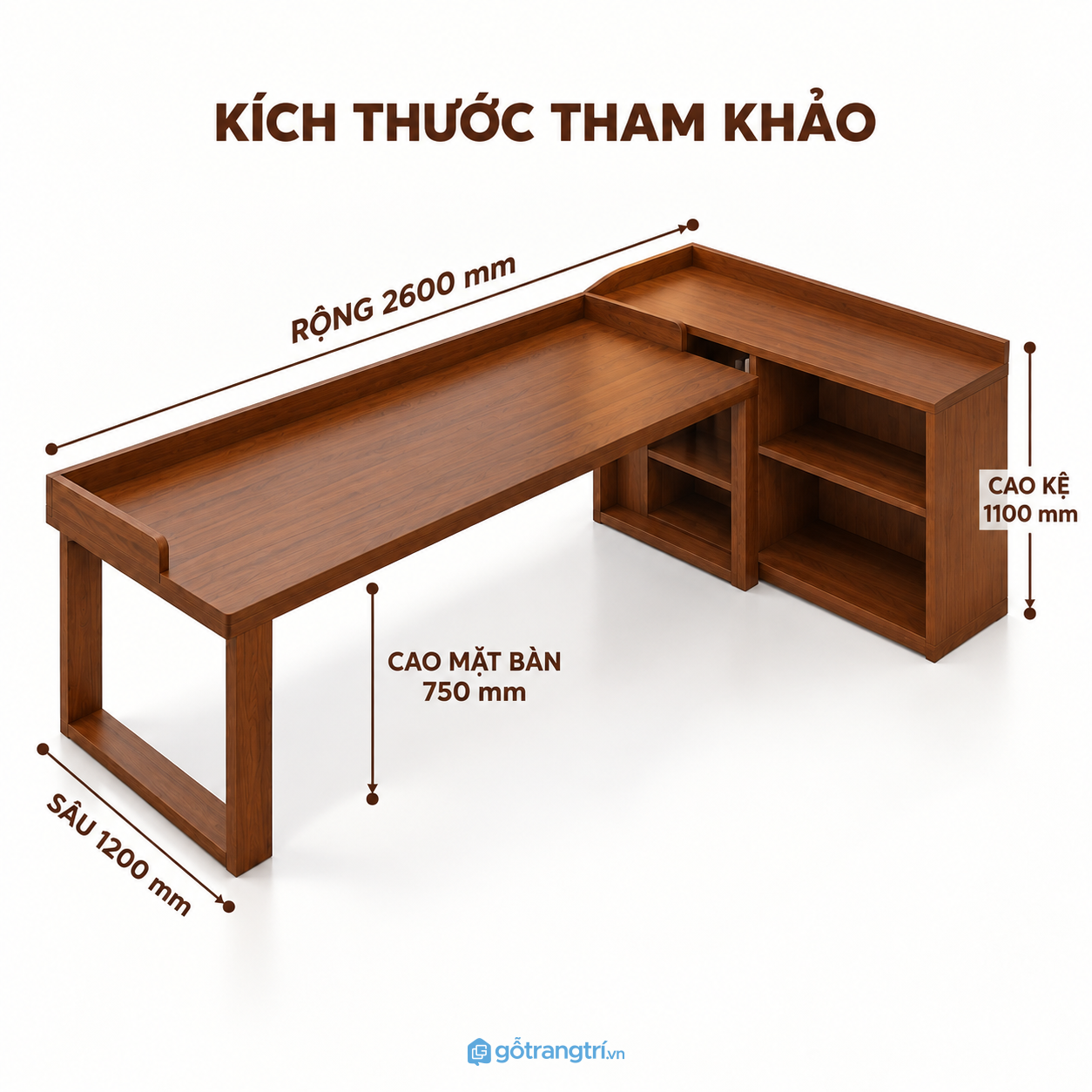 Bàn làm việc gỗ nâu liền kệ sách – rộng rãi, tiện dụng