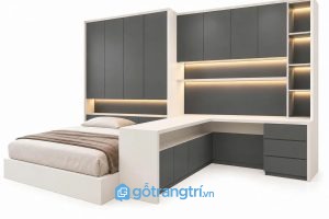 Bàn làm việc liền giường ngủ gỗ công nghiệp hiện đại GHS-4067 - 3000x2400x2400mm - Màu ghi - GHS-4067a