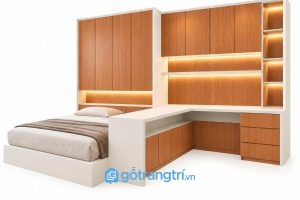 Bàn làm việc liền giường ngủ gỗ công nghiệp hiện đại GHS-4067 - 3000x2400x2400mm - Màu gỗ xoan đào - GHS-4067e