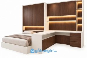 Bàn làm việc liền giường ngủ gỗ công nghiệp hiện đại GHS-4067 - 3000x2400x2400mm - Màu gỗ 613 - GHS-4067b
