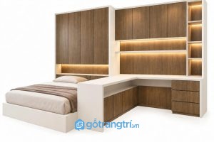 Bàn làm việc liền giường ngủ gỗ công nghiệp hiện đại GHS-4067 - 3000x2400x2400mm - Màu gỗ óc chó - GHS-4067c
