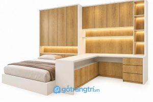 Bàn làm việc liền giường ngủ gỗ công nghiệp hiện đại GHS-4067 - 3000x2400x2400mm - Màu gỗ sồi - GHS-4067d